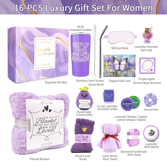 Gifts for Women Spa Basket, Lavender Spa Gift Basket,16 Pcs Self Care Package for Women, Mom, Wife, Girlfriend, Sister, Unique Get Well Sets for Birthday, Mother's Day, Christmas, Valentine's Day