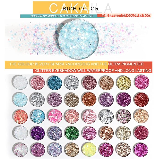 Glitter Eyeshadow Palette, 40 Colors Highly Pressed Pigmented Metallic Shimmer Sparkly Glitter Eyeshadow Makeup Pallet Palettes,Pink Blue Green Red Gold Purple Eye Shadow Powder Long Lasting