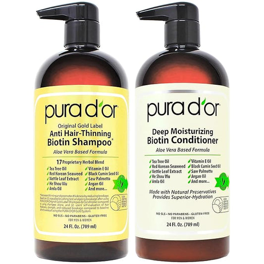 PURA D'OR Anti-Thinning Biotin Shampoo & Deep Moisturizing Conditioner Original Gold Label Set (24oz x2) Natural Earthy Scent, CLINICALLY TESTED Effective Results, Hair Thickening Product, Women & Men