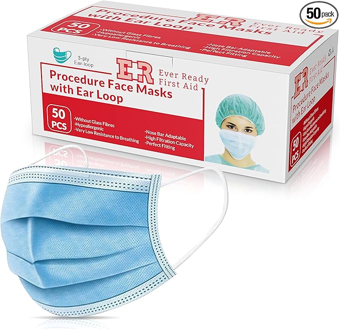 Ever Ready First Aid 3-ply Disposable face Masks, Ear Loop Breathable Particle Mask, General Use – 50 Count