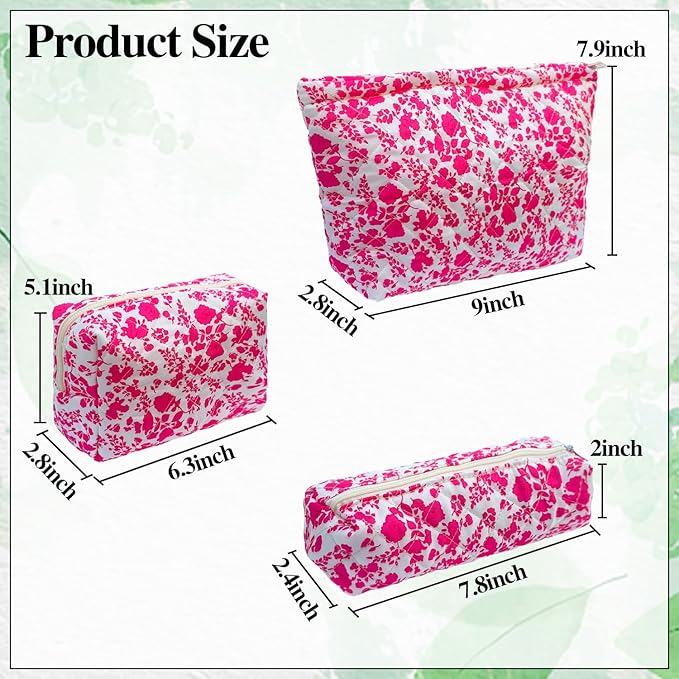 3 Piece Rose Red Quilted Floral Makeup Bag Set Small Cosmetic Bag For Women Cute Cotton Makeup Pouch For Purse