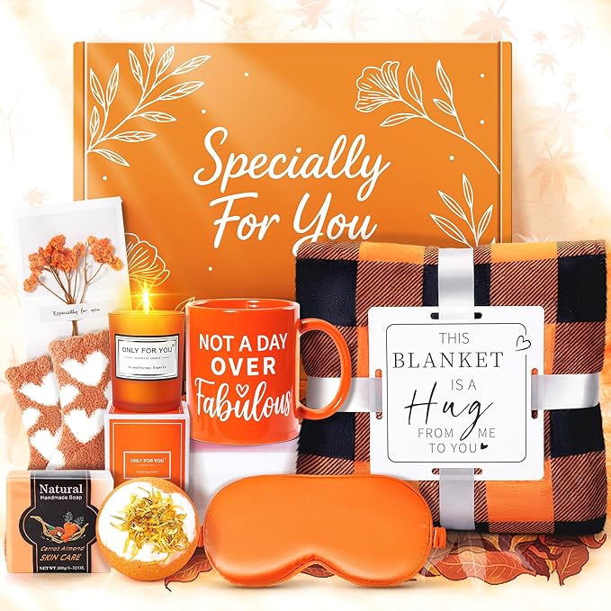 13PCS Fall Gifts Orange Gifts for Women,Thank You Birthday Baskets for Women Wife Mom Sister Friend Girlfriend Teacher Get Well Self Care Package Graduation,Sympathy,Retirement