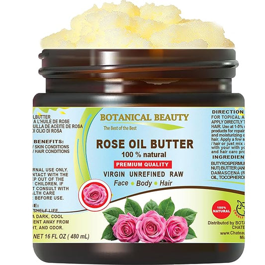 Botanical Beauty ROSE OIL BUTTER 100% Natural Rose Essential Oil in Shea Nut Butter for FACE SKIN BODY HAIR NAILS Beauty Skin Moisturizer Oil Butter Skin Nourishing (16 Fl Oz)