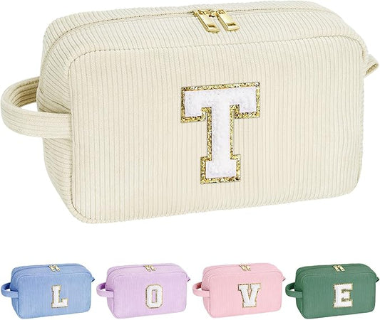 YOOLIFE Girls Travel Makeup Bag - Make Up Bag Mini Cosmetic Bags for Women Makeup Brush Bag Travel Bag Cute Small Makeup Bag Unique Gifts Teacher Gifts Friend Birthday Gifts for Women Her Letter T