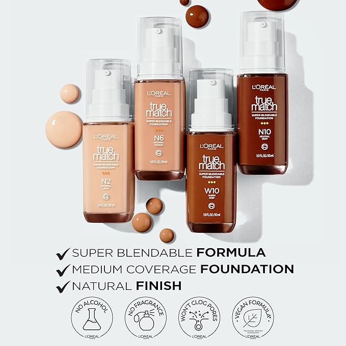 L'Oreal Paris True Match Super-Blendable Foundation, Medium Coverage Liquid Foundation Makeup, N4, Light Medium, 1 Fl Oz