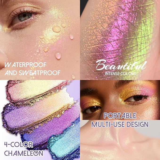 CHARMACY 4 Colors Chameleon Eyeshadow & Highlighter Palette - Shift-Infused Multichrome Pressed Pigments, Long-Lasting Velvet Finish, Vegan & Cruelty-Free Makeup Kit #03
