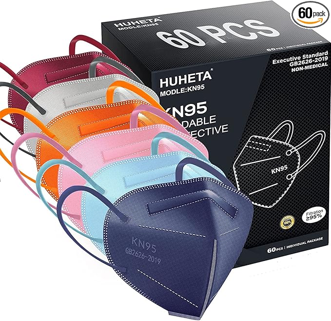 HUHETA KN95 Face Mask 60 Pack, 5-Ply Breathable & Comfortable Safety Mask, Filter Efficiency≥95%, Protective Cup Dust Masks Against PM2.5 - Individually Wrapped (Multicolored Mask)