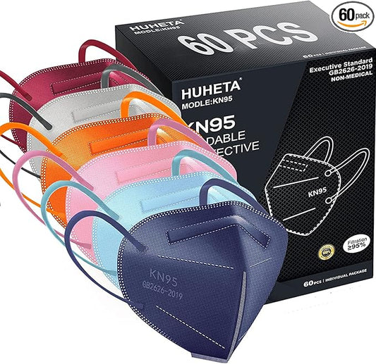 HUHETA KN95 Face Mask 60 Pack, 5-Ply Breathable & Comfortable Safety Mask, Filter Efficiency≥95%, Protective Cup Dust Masks Against PM2.5 - Individually Wrapped (Multicolored Mask)