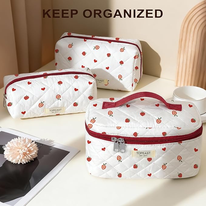 TOPEAST Makeup Bag for Women Girl, 3Pcs Large Cotton Travel Make up Organizer, Quilted Brush Toiletry Pouch Portable Cosmetic Bags with Big Compartment Zipper, Strawberry