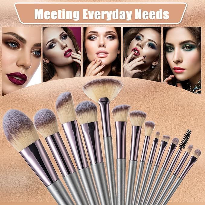 Makeup Brushes, 14 Pcs Professional Makeup Brush Set, Eye and Face Foundation Brush Set, Eyeshadow Brushes, Cosmetic Brushes, with PU Bag, Champagne