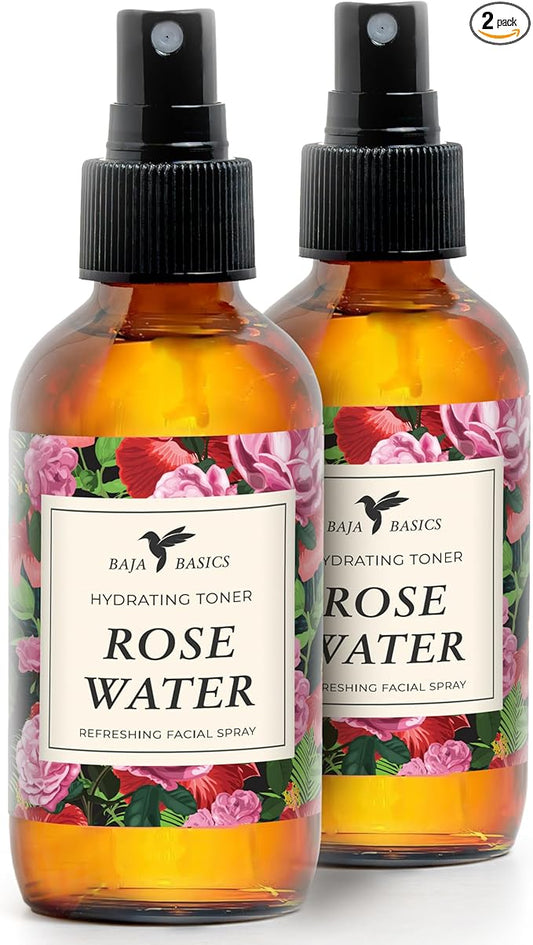 Rose Water Spray for Face, Body & Hair by Baja Basics - Hydrating Facial Toner, Refreshing, Soothing Mist Moisturizer for Dry Skin - Vegan Beauty Skincare Products - 4oz 2 Pack