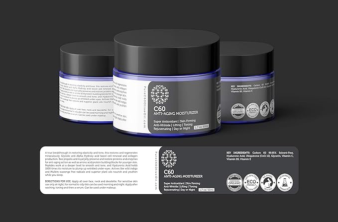 C60 Anti-Aging Moisturizer Face Cream 50ml with Hyaluronic Acid, Vitamins B + C + E & CoQ 10 for Men & Women Made with Organic Ingredients - From The Leading Global Producer