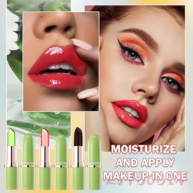3PCS Aloe Vera Color Changing Lipstick Set,Magic Jelly Lipstick Long Lasting Highly Pigmented Color Change Lip Gloss,Waterproof Lips Moisturizer Non-Sticky Cup Tinted Lip Balm Stain Makeup Set