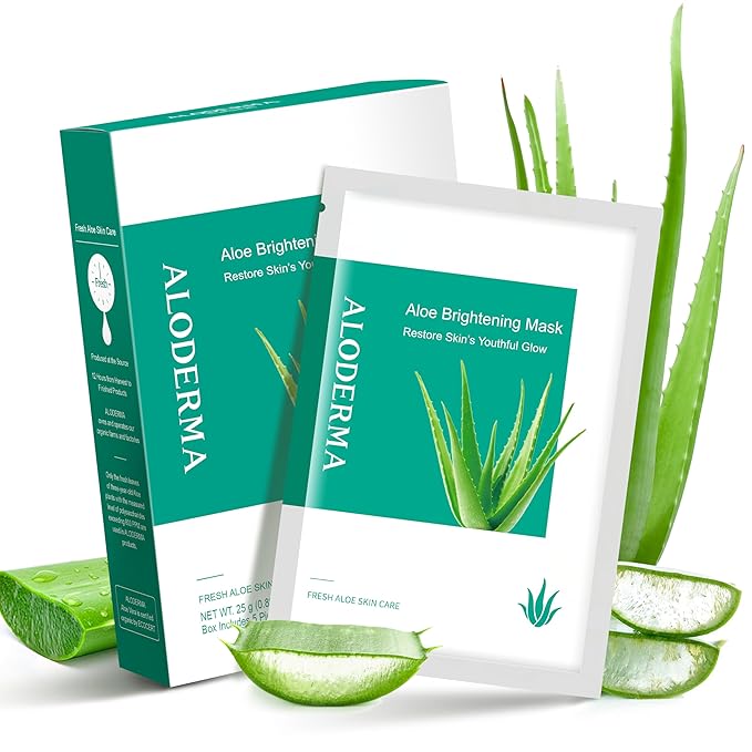 Aloderma Brightening Sheet Masks with 88% Organic Aloe Vera - 5 Pack Facial Masks with Niacinamide, Arginine for Radiant Skin - Evens Skin Tone & Revitalizes Rough, Dull Skin - Aloe Face Mask Sheet