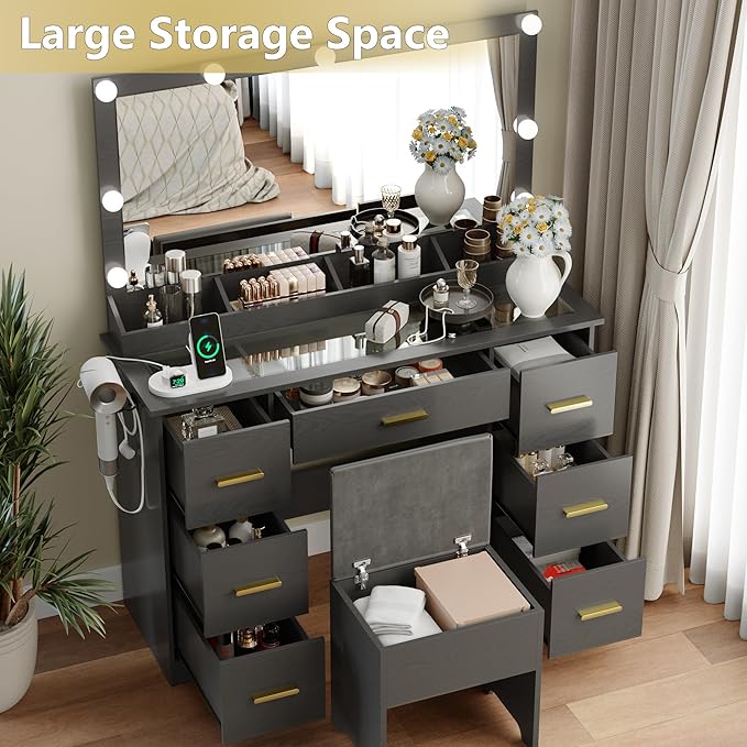 Makeup Vanity with Large Lighted Mirror and Chair, 7 Drawers Vanity Makeup Desk Table with Power Strip, Adjustable Lighting, and Cushioned Storage Stool for Women, Girls