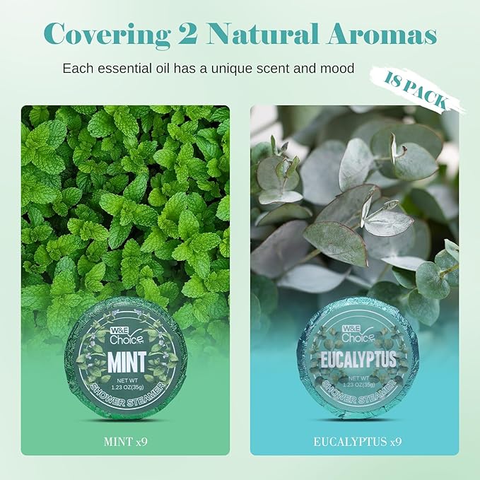 W&E Choice Shower Steamers Aromatherapy 18 Pcs- Shower Bombs Birthday Gifts for Women, Eucalyptus Mint Essential Oils for Daily Relaxation & Stress Relief, Christmas Gift for Women, Mom, Wife