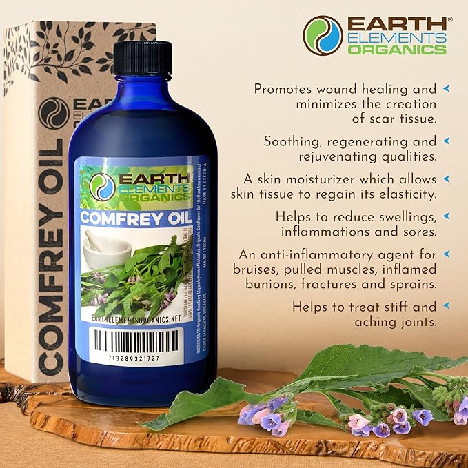 Comfrey Oil Raw with Sunflower Oil, Infused, Pressed Herbal Remedy, Support for Bruises, Sore Muscles, and Healthy Skin, Organic Skincare for All Skin Types - 4 fl oz