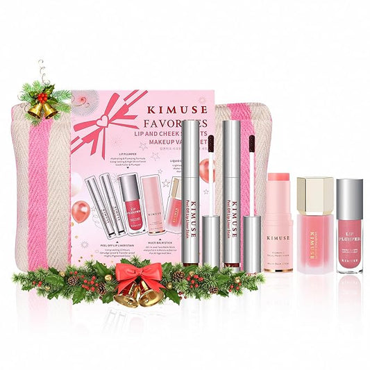 KIMUSE All in One Makeup Kit for Women, Girls, Teens with Makeup Bag, 4 Pcs Makeup Gifts Set Includes Lip Stain,Lip Plumper,Liquid Blush,Multi Balm Stick, Christmas Make Up Collection, Holiday Present