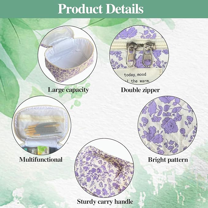 Purple Large Quilted Floral Makeup Bag Cute Soft Coquette Aesthetic Cosmetic Bag Cotton Travel Toiletry Bag for Women