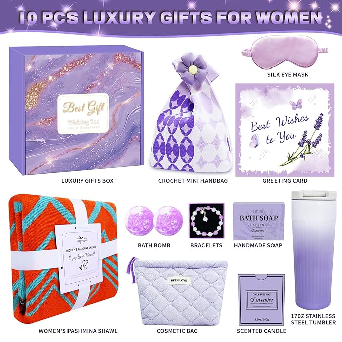 Happy Birthday Gifts for Women Mom Her Friend Sister Wife Grandma, Self Care Gifts Get Well Gifts Unique Relaxing Spa Gift Basket Set (Purple)