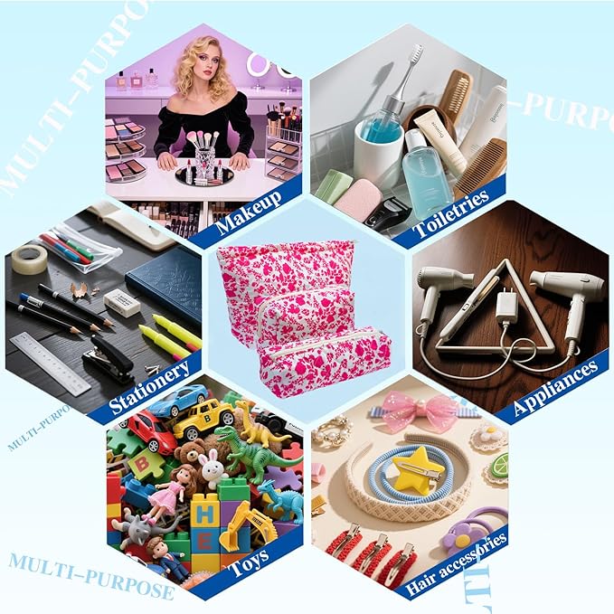 3 Piece Rose Red Quilted Floral Makeup Bag Set Small Cosmetic Bag For Women Cute Cotton Makeup Pouch For Purse