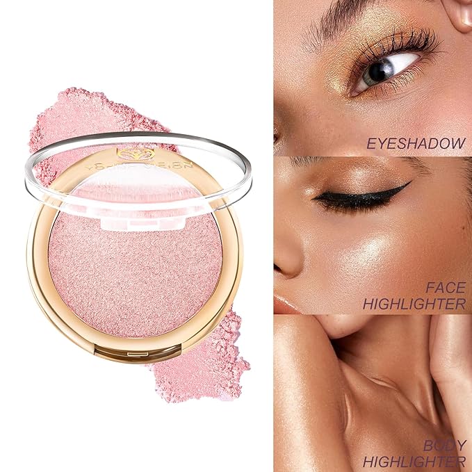 YOUNG VISION Pressed Powder Highlighter, Baked Natural Glow Contour Powder & Face Highlighter, Cruelty-Free, Shimmer Highlighting Makeup for Face, Eye, Eyeshadow, Body, Skin (Pink)