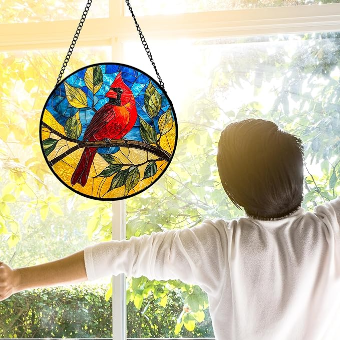 Stained Glass Window Hanging, Blue Sky Cardinal Sun Catchers Colorful Glass Panel Red Birds Suncatcher Decor for Birthday for Women, Men, Wife, Aunt, and Mom 11.8x11.8 in
