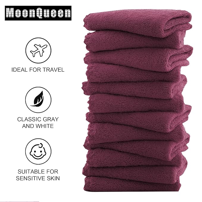 MOONQUEEN Microfiber Facial Cloths Fast Drying Washcloth 12 Pack - Premium Soft Makeup Remover Cloths - Burgundy