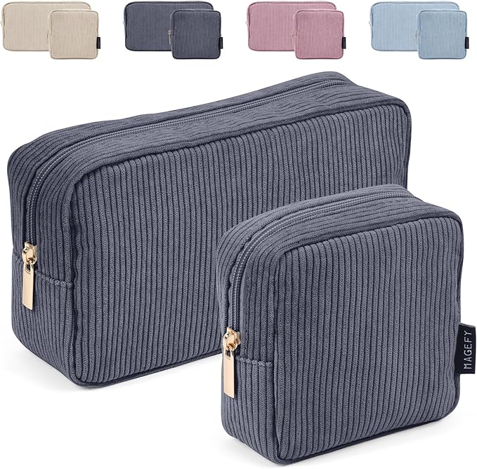 MAGEFY Small Makeup Bag for Purse Mini Cosmetics Bag Corduroy Cute Cosmetic Pouch for Women with Slip-in Pockets