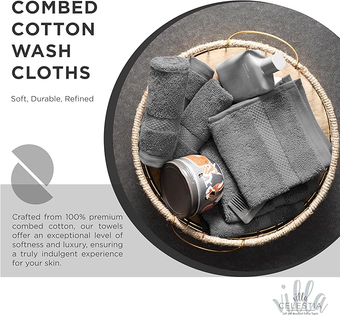 100% Cotton Wash Cloth for face & Body Set of 12, (12 x 12 inches) Sustainable, Soft, Highly Absorbent, Combed Cotton Wash Cloths Pack of 12 for Hotels, Spa, Bathroom, Dorm, Grey