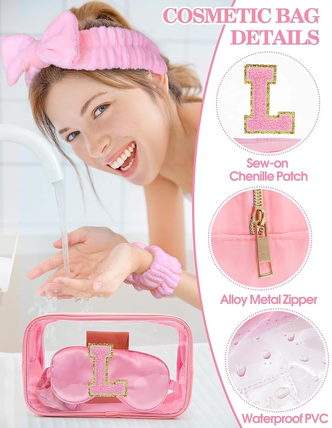 Gift Sets for Women, Initial Makeup Bag with Makeup Brush Set Bachelorette Party Favors, Pink Spa Kit with Skincare Headbands Wrist Bands Sleepover Party Supplies Gifts for Teen Girls Bridesmaid L