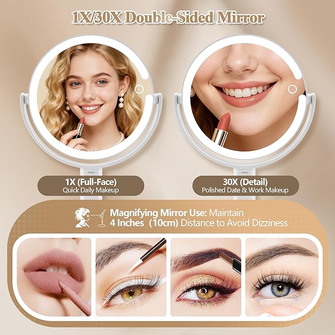 Makeup Mirror with Lights, Double Sided 1x/30x Magnifying Mirror with Light, Rechargeable 3 Color Lights and Adjustable Brightness, 360° Rotation Detachable Comes with Tweezer(White)