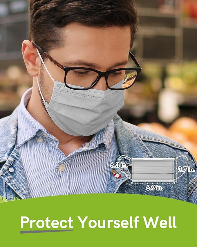 FriCARE Disposable Face Masks, 3-Ply ASTM Level 3 Medical Grade, FSA/HSA Eligible, Breathable & Comfortable for Allergy/Sun Protection, 50 Pack Gray