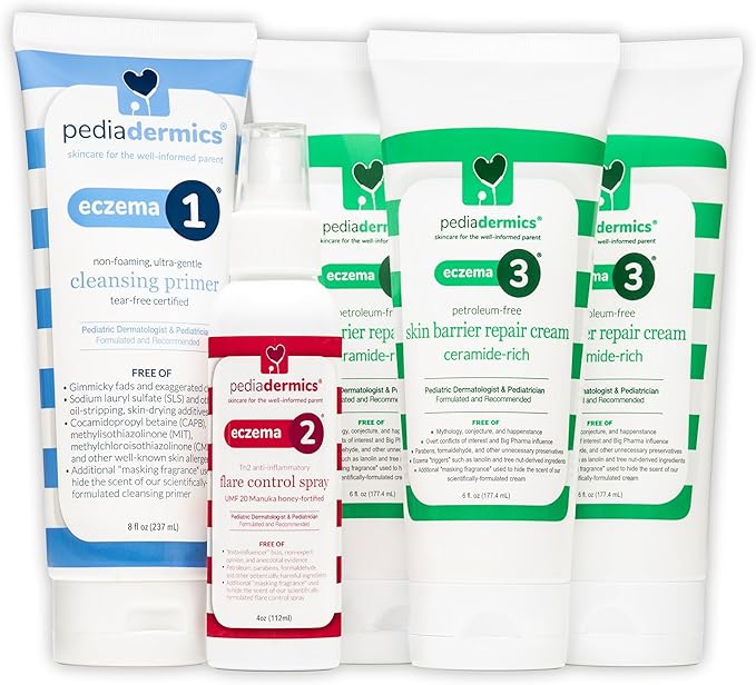 Easy as 1-2-3 Eczema Management System: Eczema1 Ultra-Gentle Cleansing Primer (x1), Eczema2 Manuka Flare Control Spray (x1), Eczema3 Ceramide-Rich Skin Barrier Repair Eczema Cream for Kids (x3)