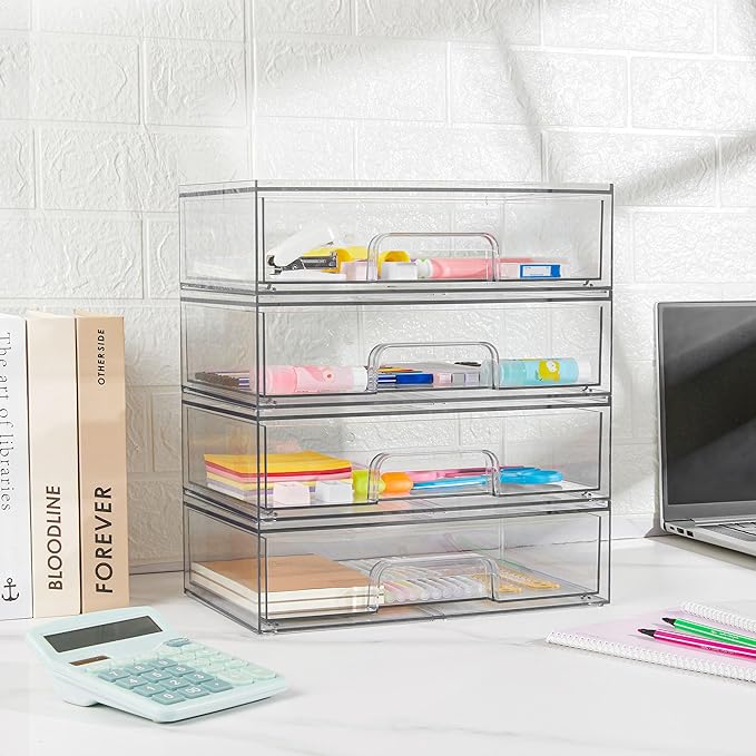 Vtopmart 12.1''W Clear Stackable Storage Drawers,2 Pack Acrylic Plastic Organizers Bins for Makeup Palettes, Cosmetics, and Beauty Supplies,Ideal for Vanity, Bathroom,Cabinet,Desk Organization