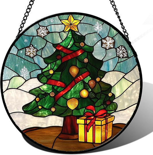 Stained Glass Window Hanging Green Christmas Tree Snowflake 9.8" - Suncatcher Door Garden Sun Catcher Xmas Holiday Decor Birthday for Mom Men Woman Friend Nana