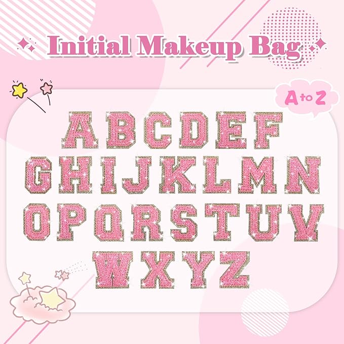 Small Initial Patch Makeup Bag Personalized Gifts Make Up Bag,White Cute PU Leather Glitter Letter Cosmetic Bag with Zipper,Trendy Portable Travel Toiletry Pouch,Preppy Stuff for Teen Girls Women A