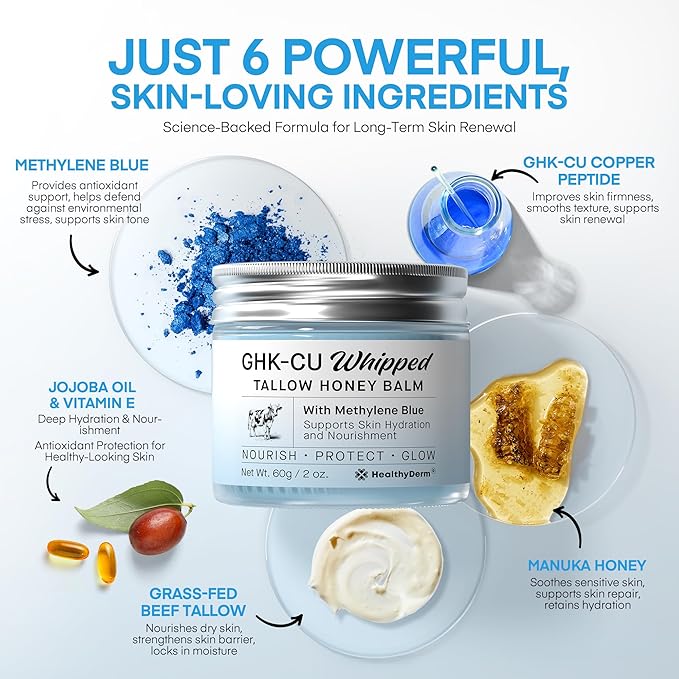 Copper Peptides GHK-Cu Beef Tallow for Skin: Blue Balm with Methylene Blue, Manuka Honey & Vitamin E – Natural Face and Body Moisturizer for Mature, Dry & Sensitive Skin – 2oz