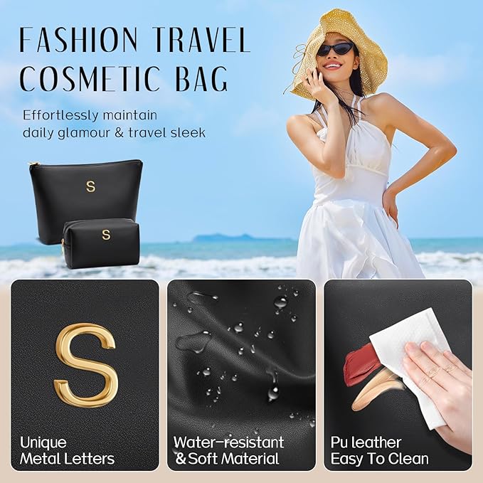 Women Gifts | Initial Makeup Bag Set for Girl Personalized Gifts for Bridesmaid Friend Graduation Teachers PU Leather Cosmetic Travel Toiletry Bag(Black,S)
