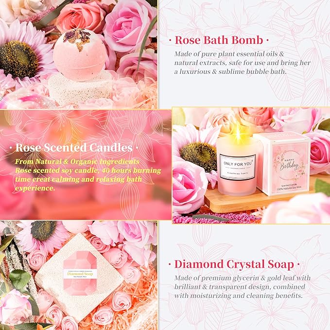 15PCS Birthday Gifts for Women-Pink Self Care Package Get Well Soon Gifts, Relaxing Spa Gift Female Friendship Thinking of You Care Package for Mom Her Wife Girlfriend Friend Sister