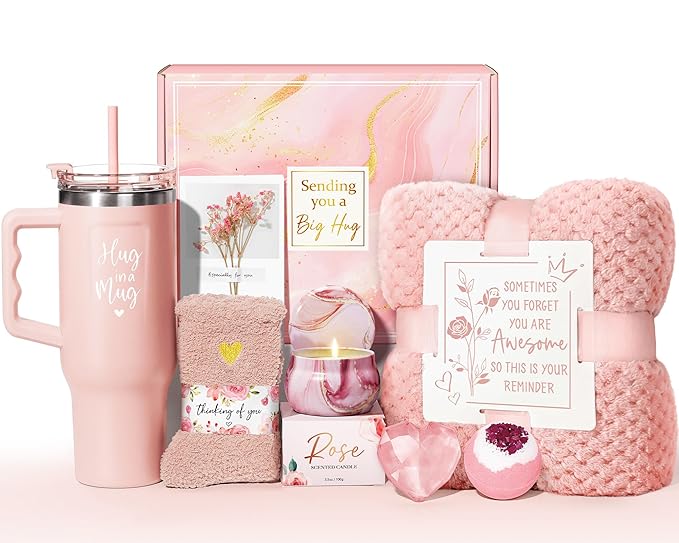 Mother's Day Gifts for Mom - Birthday Gifts for Women Get Well Soon Gifts Self Care Gifts Rose Relaxing Spa Gift Basket Care Package w/ Flannel Blanket 40 OZ Tumbler for Wife Grandma Friend Sister Her