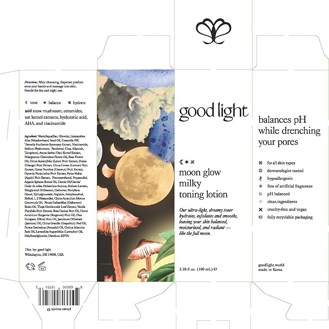Good Light Moon Glow Milky Toner. Dreamy, Ultra-Light Hydrating Milk Toner for Face. Made with Niacinamide, Ceramides, and AHAs for Glass Skin. Vegan, Fragrance Free Korean Skin Care. 3.38 Fl. Oz.