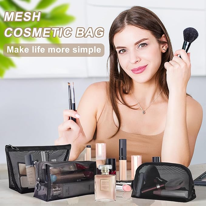 8 Pieces Mesh Makeup Bag Set,Cosmetic Bags Make up pouch,Portable Clear Travel Toiletry Makeup Kit Bag Organizer Mesh Zipper Pouch Purse Beauty Storage Bags for Home Office Travel Accessories(Black)
