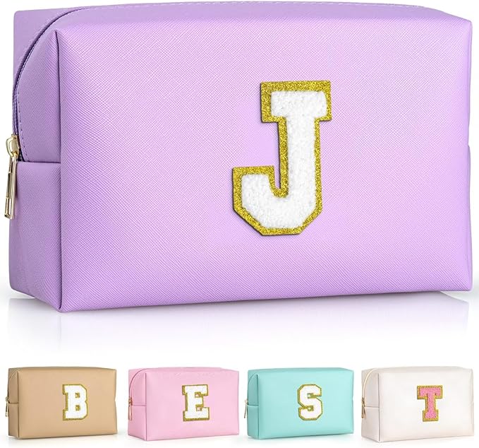 TOPEAST Birthday Gifts for Girls, Travel Makeup Bag Chenille Letter Pouch Cosmetic Bag, Makeup Travel Organizer, Monogrammed Bridesmaid Gifts for Women, Cute Stuff for Girls (Purple J)