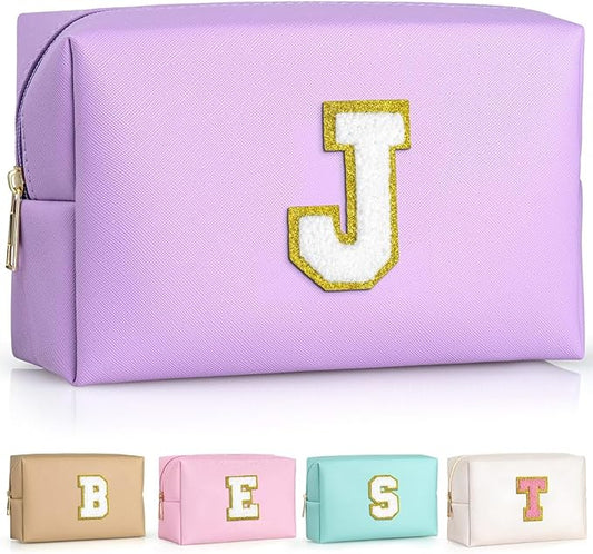 TOPEAST Birthday Gifts for Girls, Travel Makeup Bag Chenille Letter Pouch Cosmetic Bag, Makeup Travel Organizer, Monogrammed Bridesmaid Gifts for Women, Cute Stuff for Girls (Purple J)