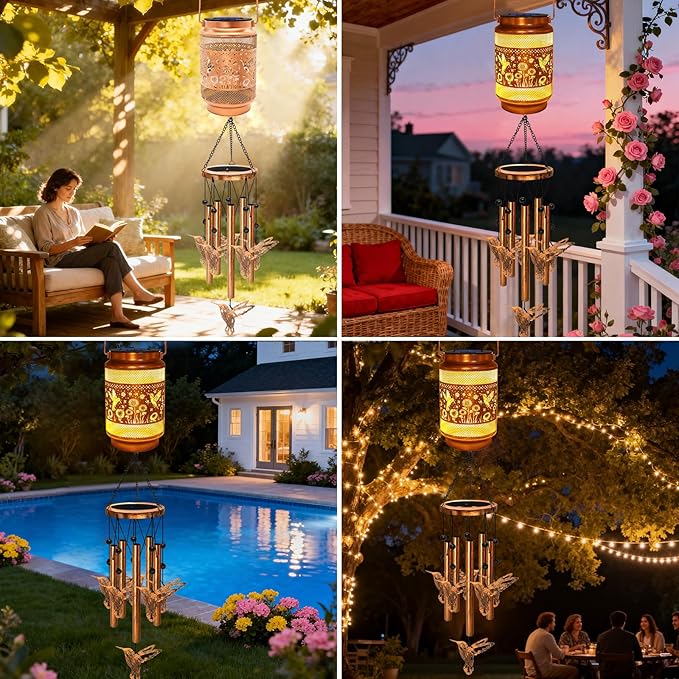 Hummingbird Solar Wind Chimes for Outside, Gifts for Christmas Mom Women Grandma Birthday Memorial Teacher, 32" Windchimes Outdoor Decor Hanging Solar Lantern for Garden Porch Patio Backyard