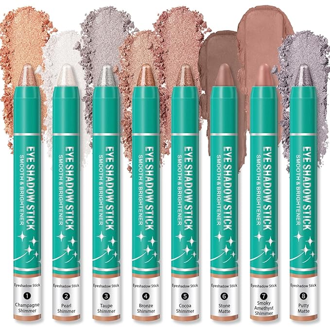 8Pcs Eyeshadow Stick Eye Brightener Stick Eyeliner Pencil Cream Shimmer Glitter Smooth Women Girls Eye Shadow Sticks Hypoallergenic Highlighter Natural Waterproof Long Lasting (SET A 8PCS)
