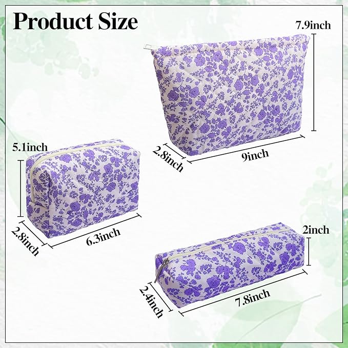 3 Piece Purple Quilted Floral Makeup Bag Set Small Cosmetic Bag For Women Cute Cotton Makeup Pouch For Purse