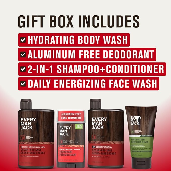Every Man Jack Men’s Cedar + Red Sage Bath and Body Gift Set - Clean Ingredients & a Cedar, Sage, and Spice scent - Round Out His Routine with Men’s Body Wash, 2-in-1 Shampoo, Deodorant & Face Wash