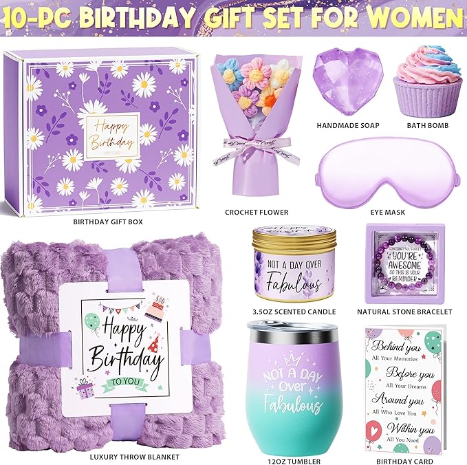Birthday Gifts for Women Friendship, Unique Happy Birthday Gifts Basket for Mom Her Best Friend Sister Wife Girlfriend Coworker Teacher, Luxury Self Care Box Lavender Relaxing Spa Gifts Set w/ Blanket
